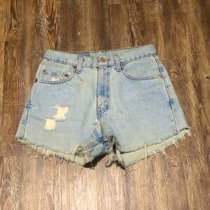 Vintage Levi's 550 Jean Shorts Women's 30 Red Tab High Rise Frayed Hem Denim